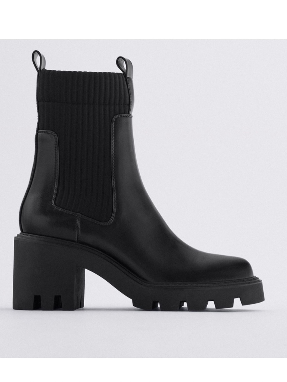 Zara Black Lug-Sole Chelsea Heel Boots